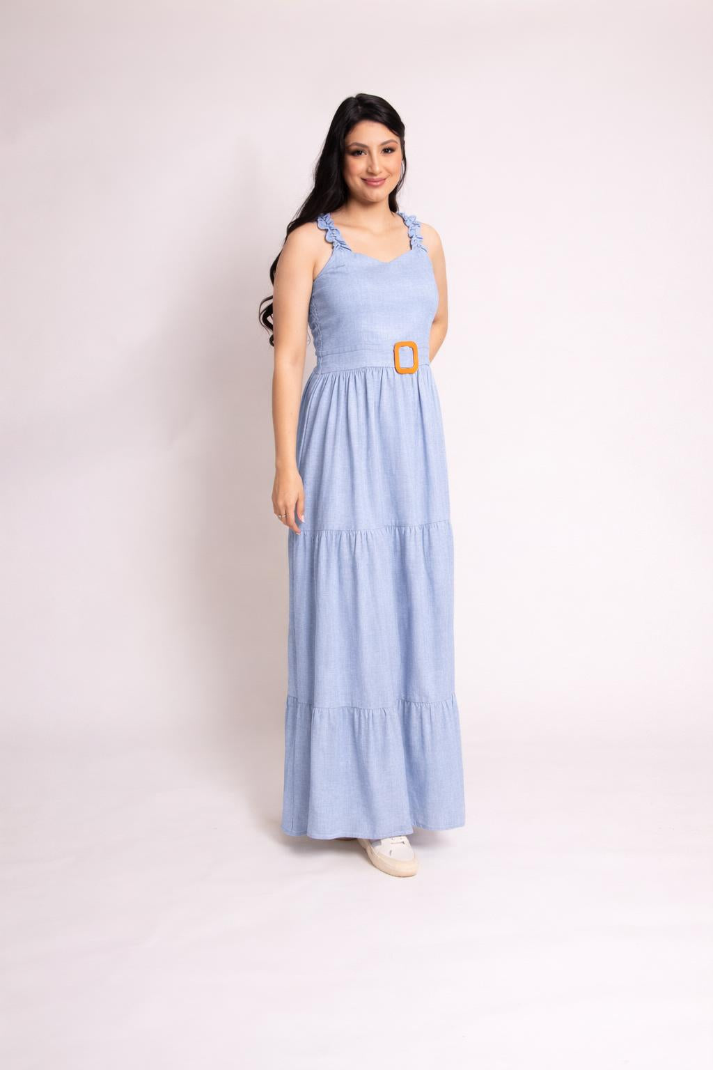 Vestido largo con hebilla chambray claro